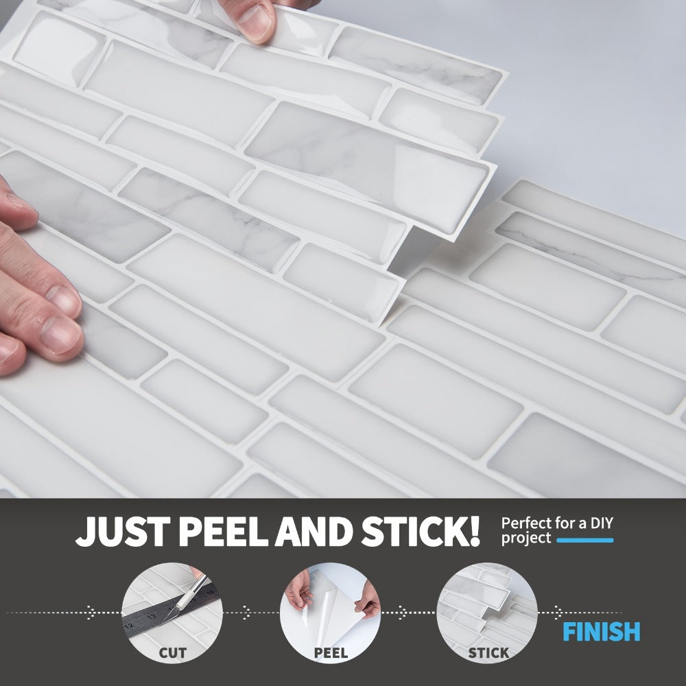 Peel and Stick Backsplash Tile Stickers 10-Sheet - White Marble Self Adhesive Wall Tiles for Kitchen & Bathroom, No Grout DIY Stick On Tiles | Heat & Moisture Resistant, Easy Install Backsplash