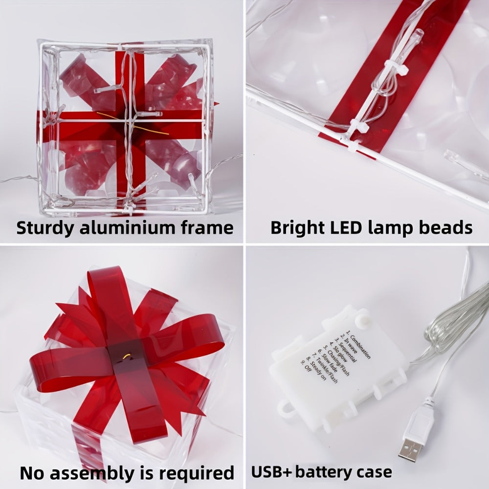 Christmas Light-Up Gift Boxes Set of 3 ¨C USB & Battery LED Warm White Lighted Decorations with Timer, 8 Lighting Modes, Red Bow, Indoor Outdoor Holiday Home Decor