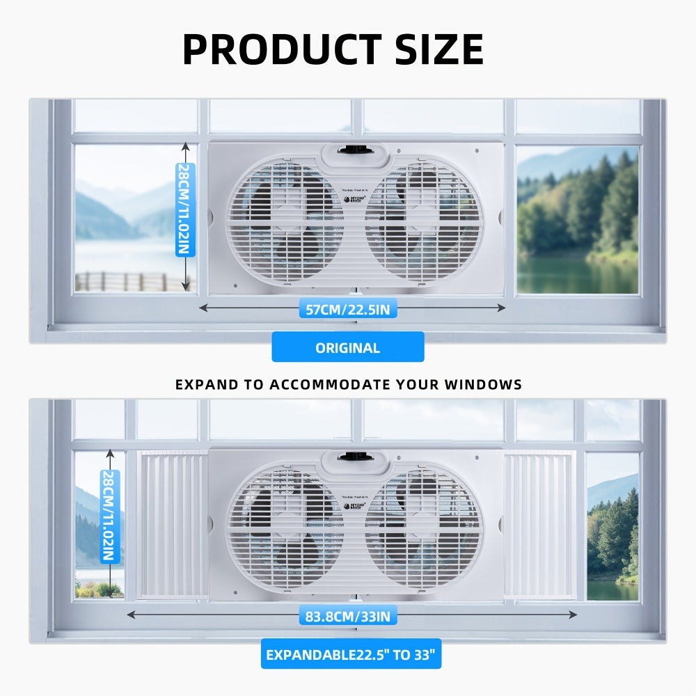 Twin Window Fan 9 Inch Dual Blade, Expandable Width with Thermostat and Remote Control, Reversible Airflow 3-Speed Window Fan for Bedroom, Living Room, Kitchen and Home Ventilation