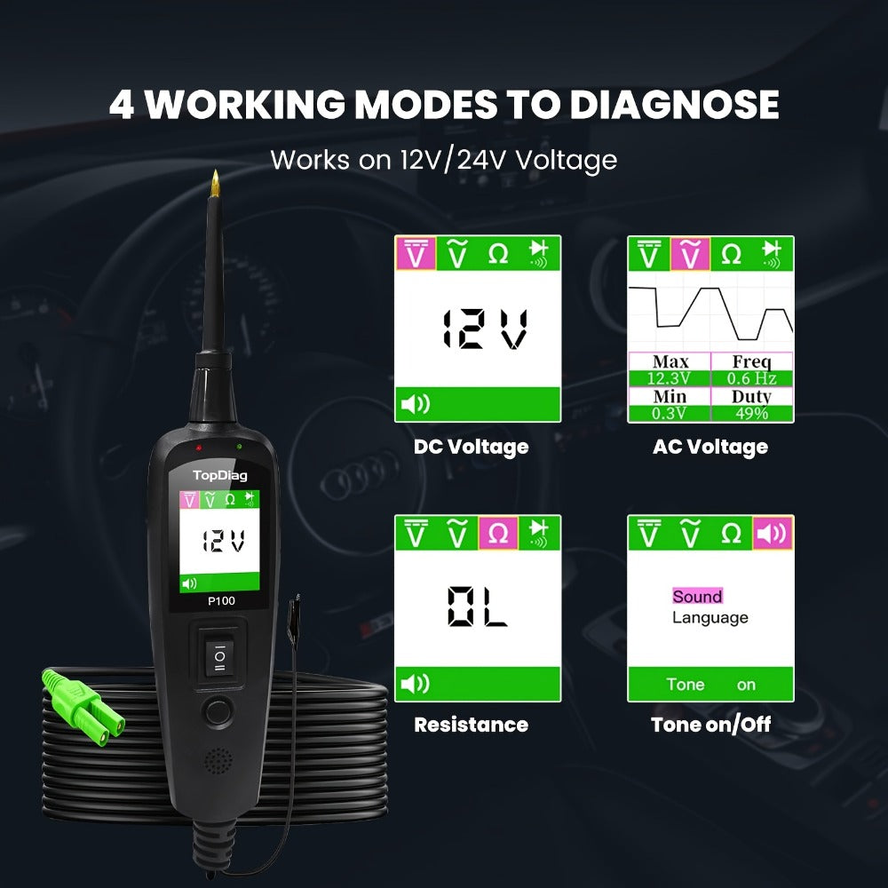 Automotive Circuit Tester P100 Power Probe Kit 12V 24V Car Electrical Test Tool Short Circuit Finder 6-30V 40ft Cable Voltage Current Detector Truck Trailer