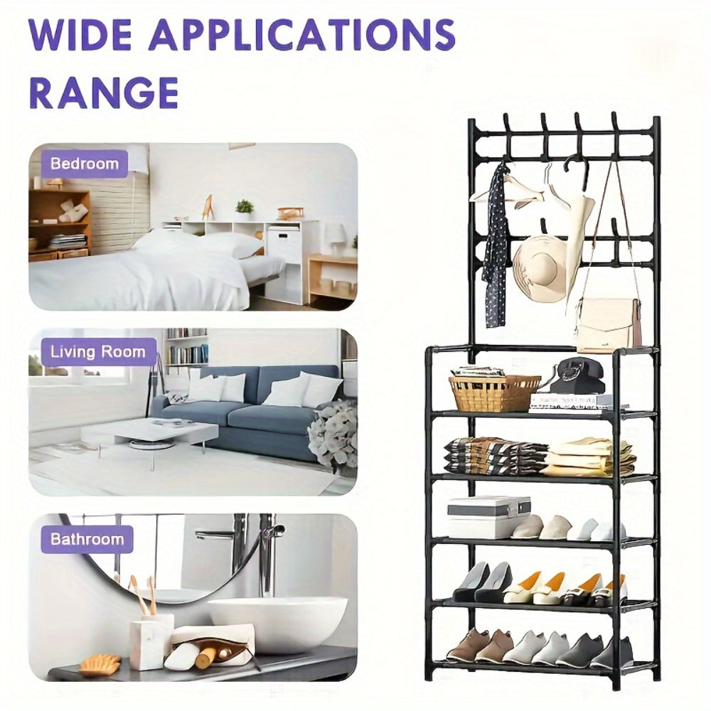 Shoe Rack Organizer with 8 Double Hooks & Multi-Layer Storage Shelves ¨C Floor Standing Coat Hat Holder for Entryway Bedroom Living Room