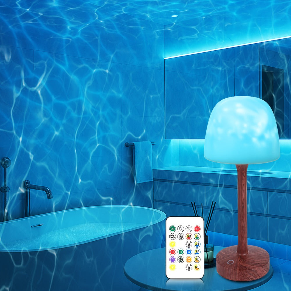 Ocean Wave LED Projector Lamp ¨C 16 Color Rechargeable Cordless Night Light with Remote, Water Ripple Atmosphere Lamp for Bathroom Bedroom, Portable Table Lamp, RGB & Wood Base Options