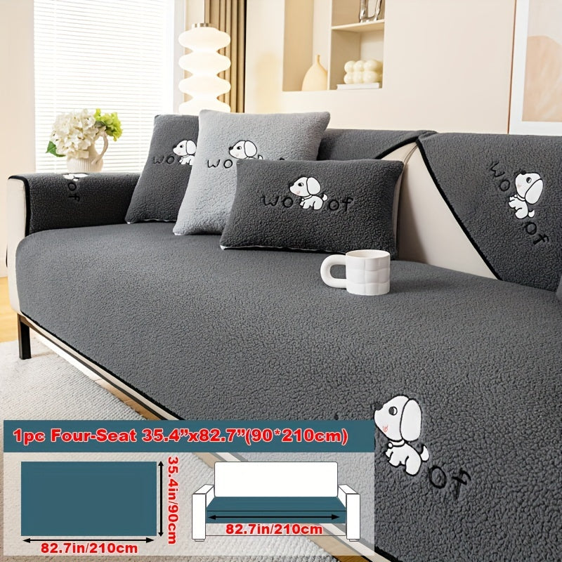 Sherpa Plush Sofa Cover Non-Slip | Thick Fleece Couch Protector, Pet Friendly Furniture Shield, 1 to 4 Seat, Armrest Backrest Pillowcase, Deep Gray Light Gray Coffee Off White