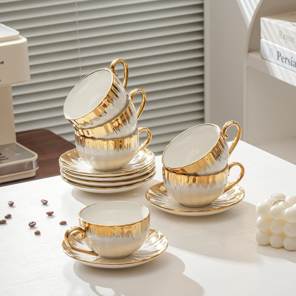European Ceramic Coffee Cup and Saucer Set of 6 ¨C Light Luxury 8.45oz Porcelain Tea Cups with Plates | Elegant Floral Dinnerware for Wedding Mother's Day Holiday Gift