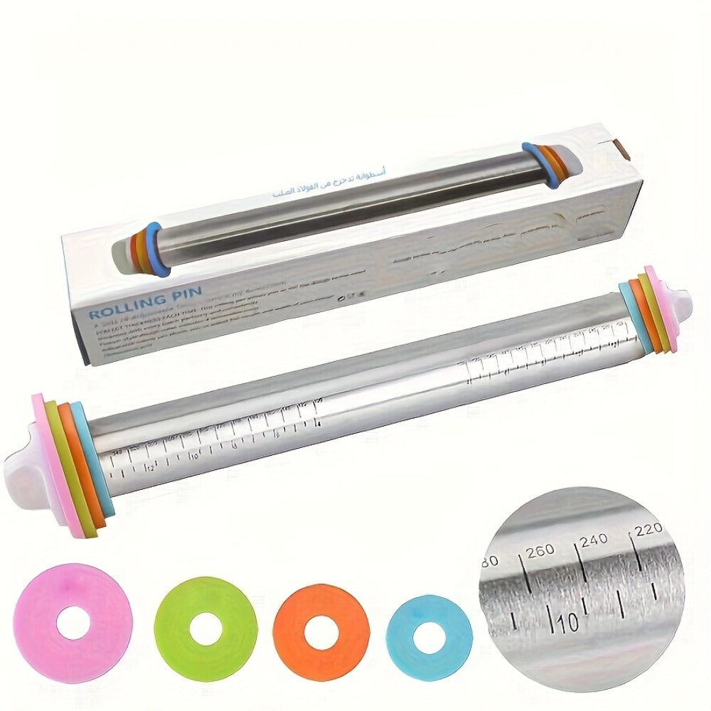 Stainless Steel Rolling Pin with Adjustable Thickness Rings Dough Roller for Baking Pizza Cookies Pastry 430 Grade Non-Stick Heavy Duty Kitchen Baking Tool
