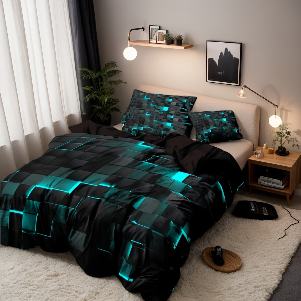 Duvet Cover Set Queen King Twin Full 3D Geometric Cube Print | 3-Piece Polyester Bedding Set | Black Blue Grid Pattern | All-Season Soft Quilt Cover + 2 Pillowcases | Machine Washable