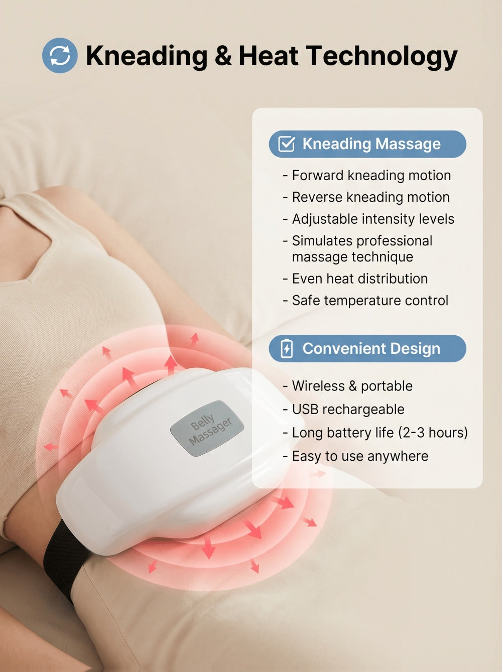 Electric Abdominal Massager with Heat - Rechargeable Portable Stomach Massager with 3 Massage Modes & Heating Function for Abdominal Pain Relief, Belly Relaxation, Cramp Relief, Home & Office Use