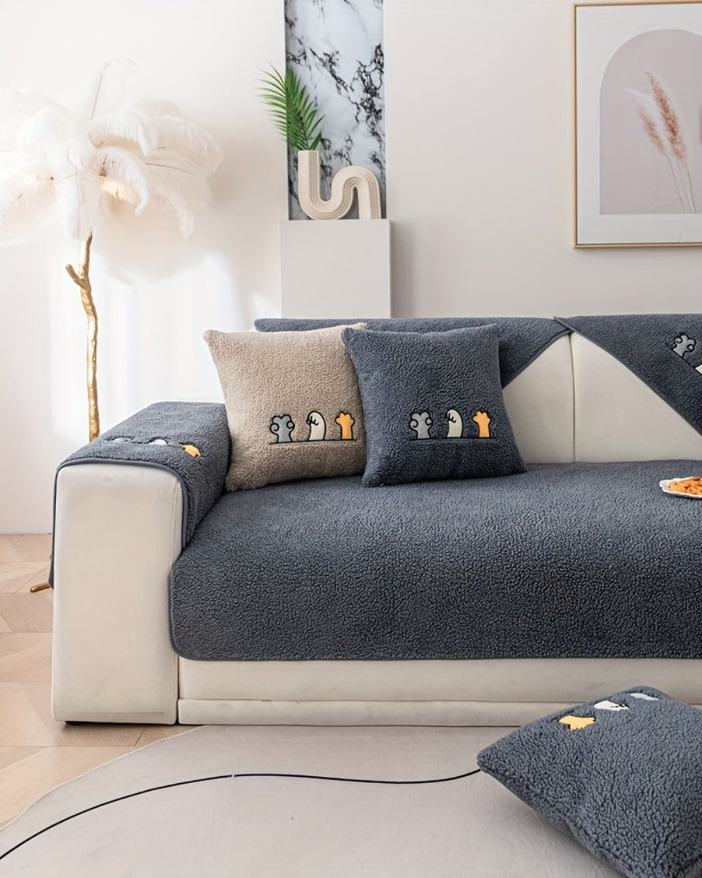 Plush Shearling Sofa Cover Non-Slip Pet-Friendly Couch Protector Animal Bone Embroidery Soft Warm for Living Room Bedroom Office 2 3 4 Seater