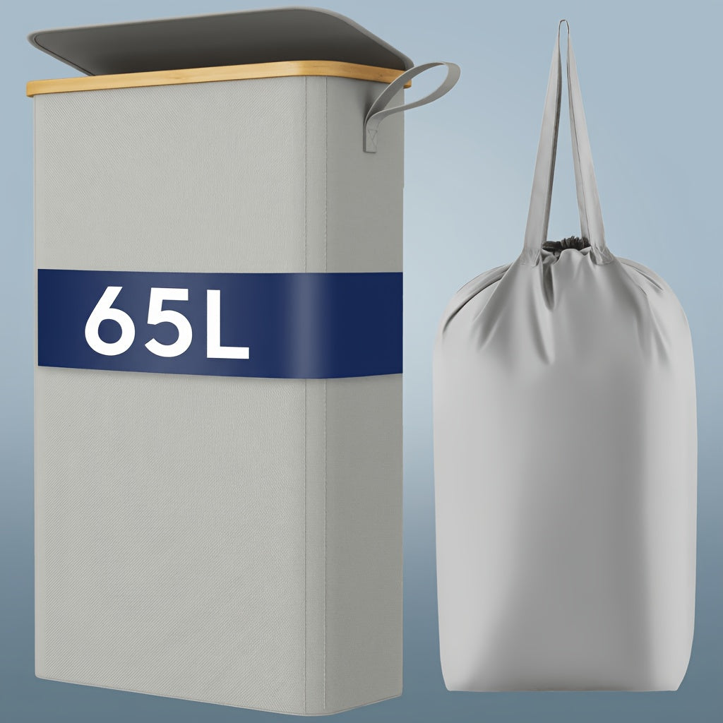 Slim Laundry Hamper with Lid & Removable Bag ¨C Foldable Narrow Clothes Basket with Bamboo Handles for Bathroom, Bedroom & Dorm ¨C 50L / 65L / 75L Space-Saving Collapsible Laundry Bin