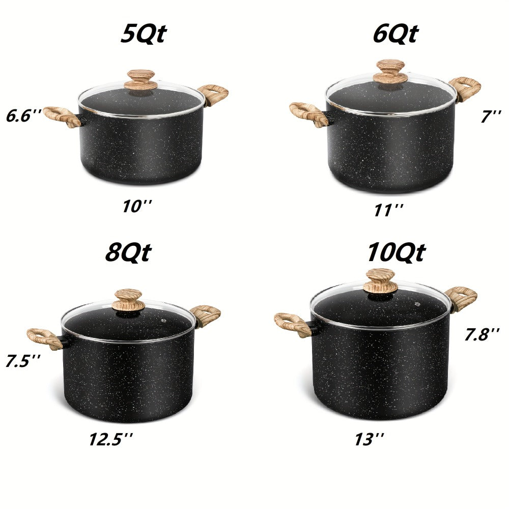 Nonstick Stock Pot Granite Soup Pot with Lid Induction Compatible Aluminum PFOA Free Stay Cool Handle for Soup Stew Pasta Seafood Curry 5qt 6qt 8qt 10qt Black White