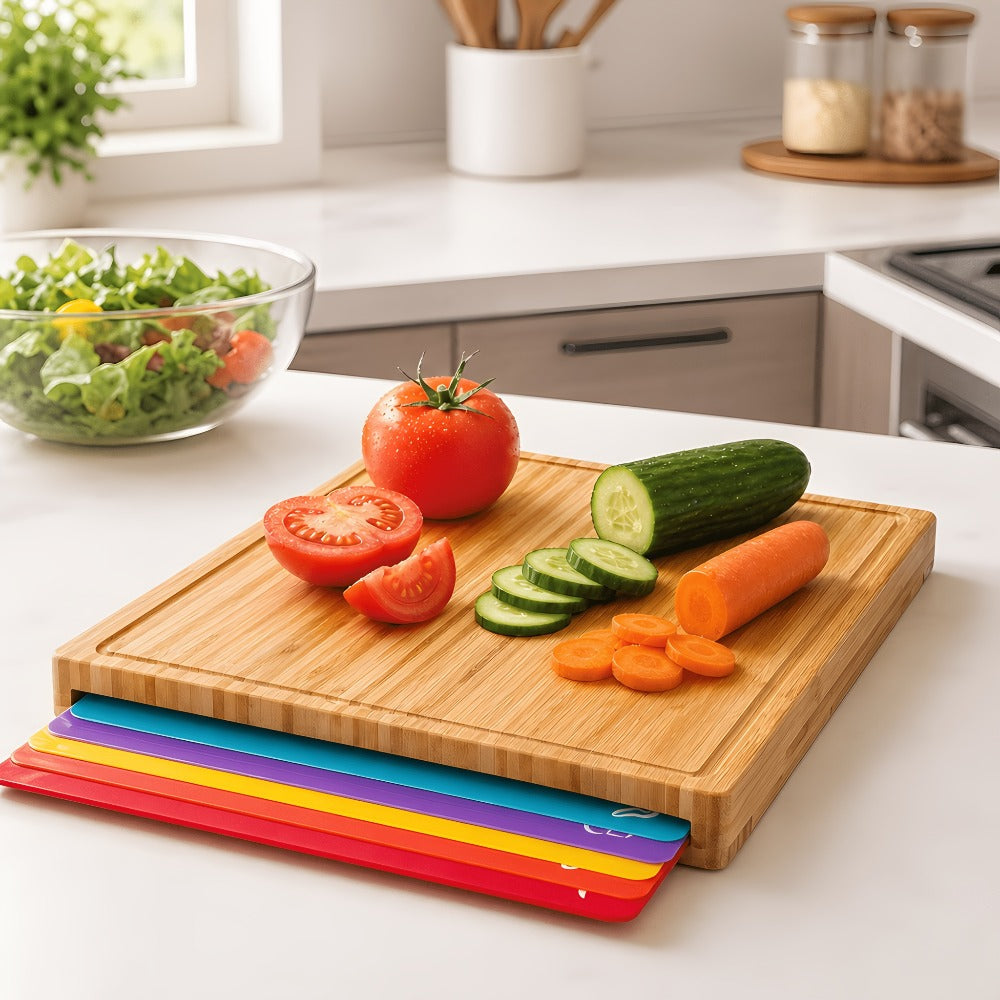 Bamboo Cutting Board Set for Kitchen ¨C Food-Safe Cheese Platter & Charcuterie Board for Meat, Cheese, Bread, Vegetables & Fruits, Perfect Home Kitchen Gadget or Housewarming Gift, 1pc or 7pcs Set