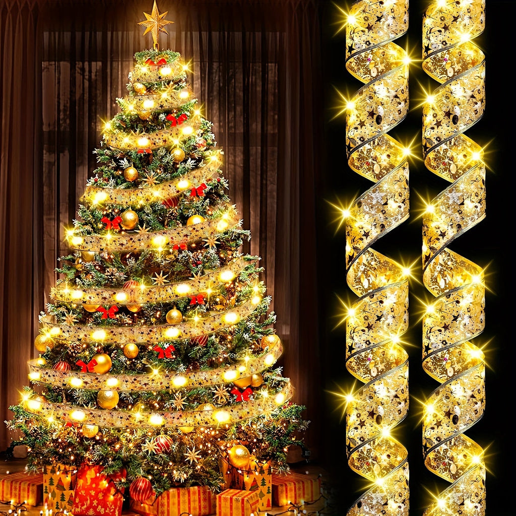LED Christmas Fairy String Lights Battery Powered - 10M/32.8FT Golden Warm White Ribbon Garland for Christmas Tree, Indoor Party & Holiday Decorations