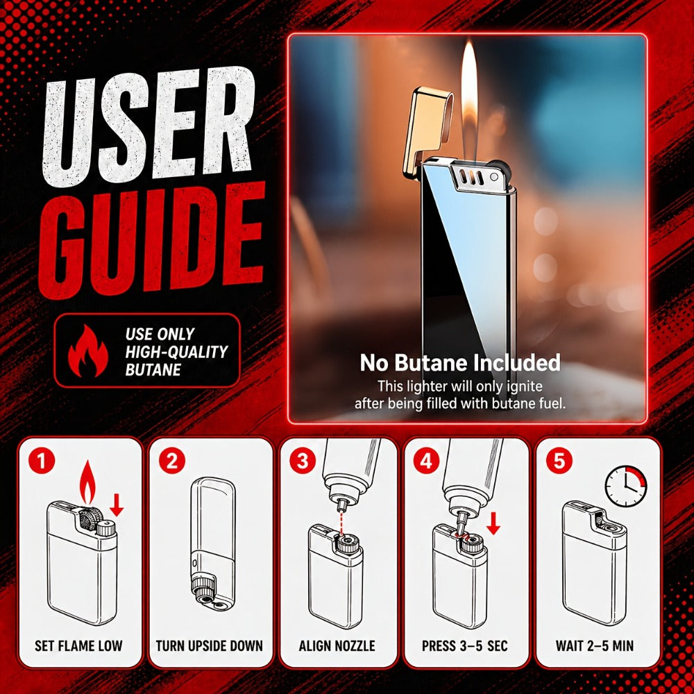 Ultra-Thin Refillable Butane Lighter - Slim Pocket Lighter with Wheel Ignition, Adjustable Open Flame, Windproof Gas Lighter for Kitchen, Candles & Outdoor Use, Unisex Design (Butane Not Included)