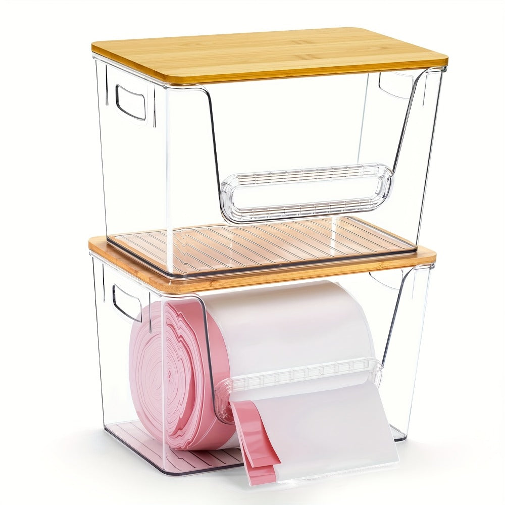 Clear Acrylic Trash Bag Dispenser Stackable with Bamboo Lid Extra Large Kitchen Organizer for Under Sink Laundry Room Pantry Holds 13 30 33 Gallon Bags 1 2 or 4 Pack