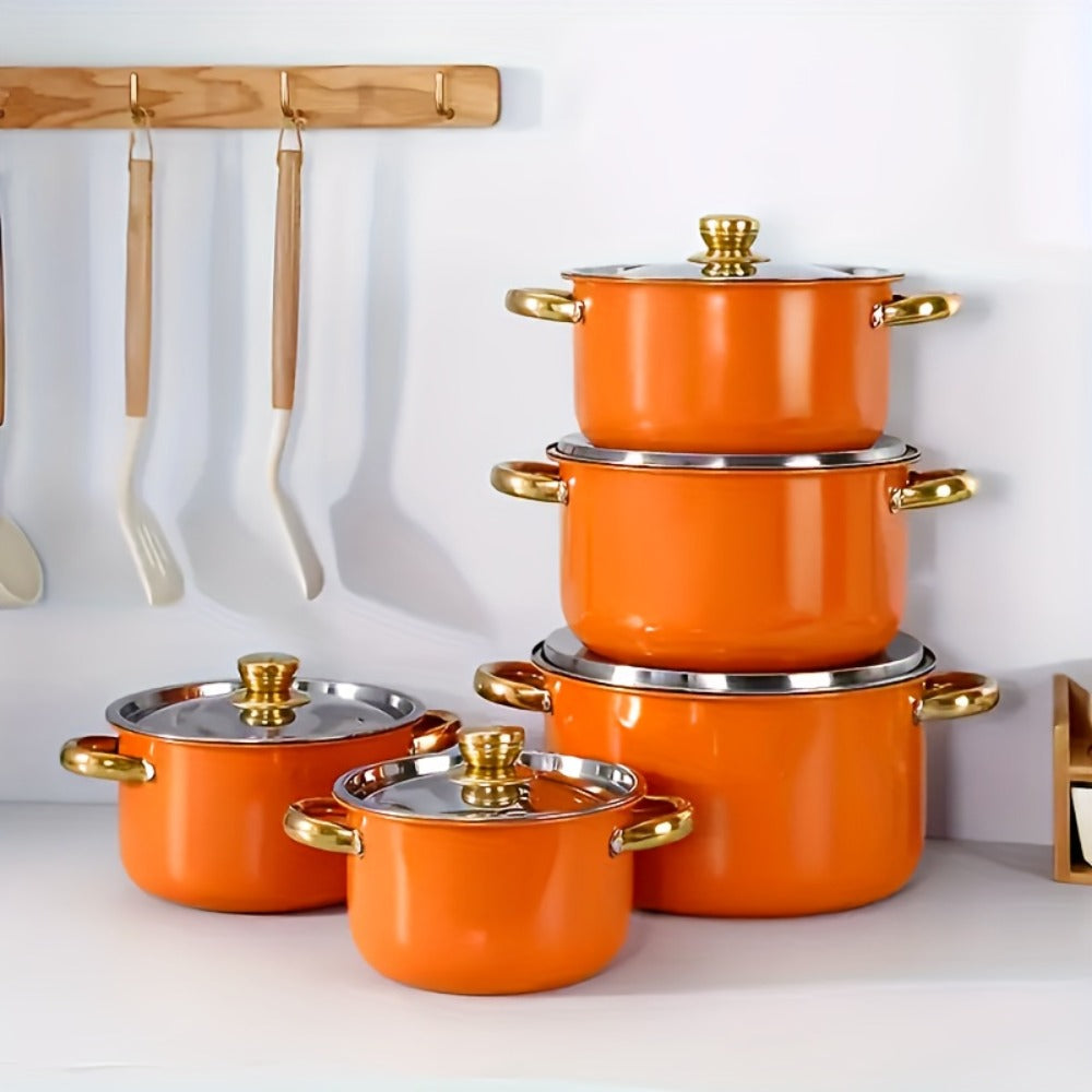 Stainless Steel Non-Stick Cookware Set 10/12pcs, 316 Grade Steel Frying Pan, Stockpot & Milk Pot with Lid, Multi-Functional Kitchen Cooking Set in Gold, Pink & Orange