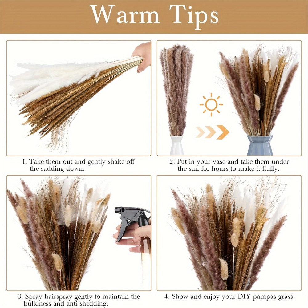 Dried Pampas Grass Decor 17 Inch Natural Bouquet | Boho Home Wedding Party Flower Arrangement White Pampas Brown Reed Bunny Tail Easter Basket Stuffers Mother's Day Gift