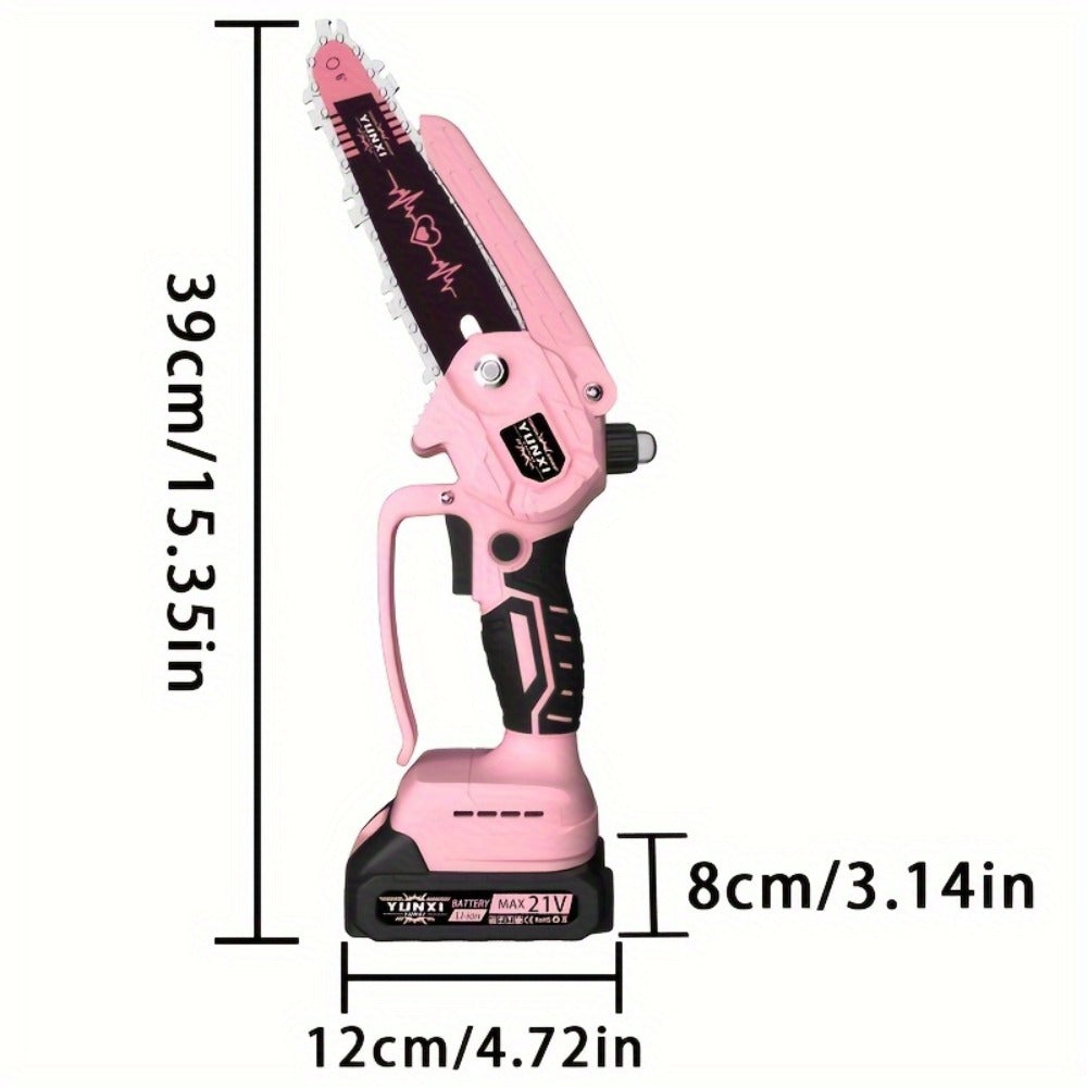Mini Chainsaw 6 Inch 21V Cordless Battery Powered | Handheld Electric Chain Saw for Tree Branch Trimming Wood Cutting | Lightweight Portable Pruning Saw Pink