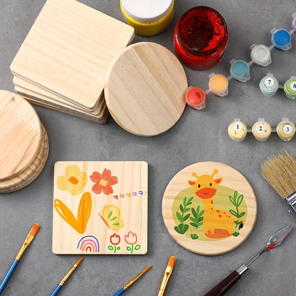 Unfinished Wood Coasters for Crafts 4 Inch Square and Round Wooden Coasters with Non-Slip Pad for DIY Engraving Staining Painting Drinks Coffee Table Home Kitchen 30 or 60pcs