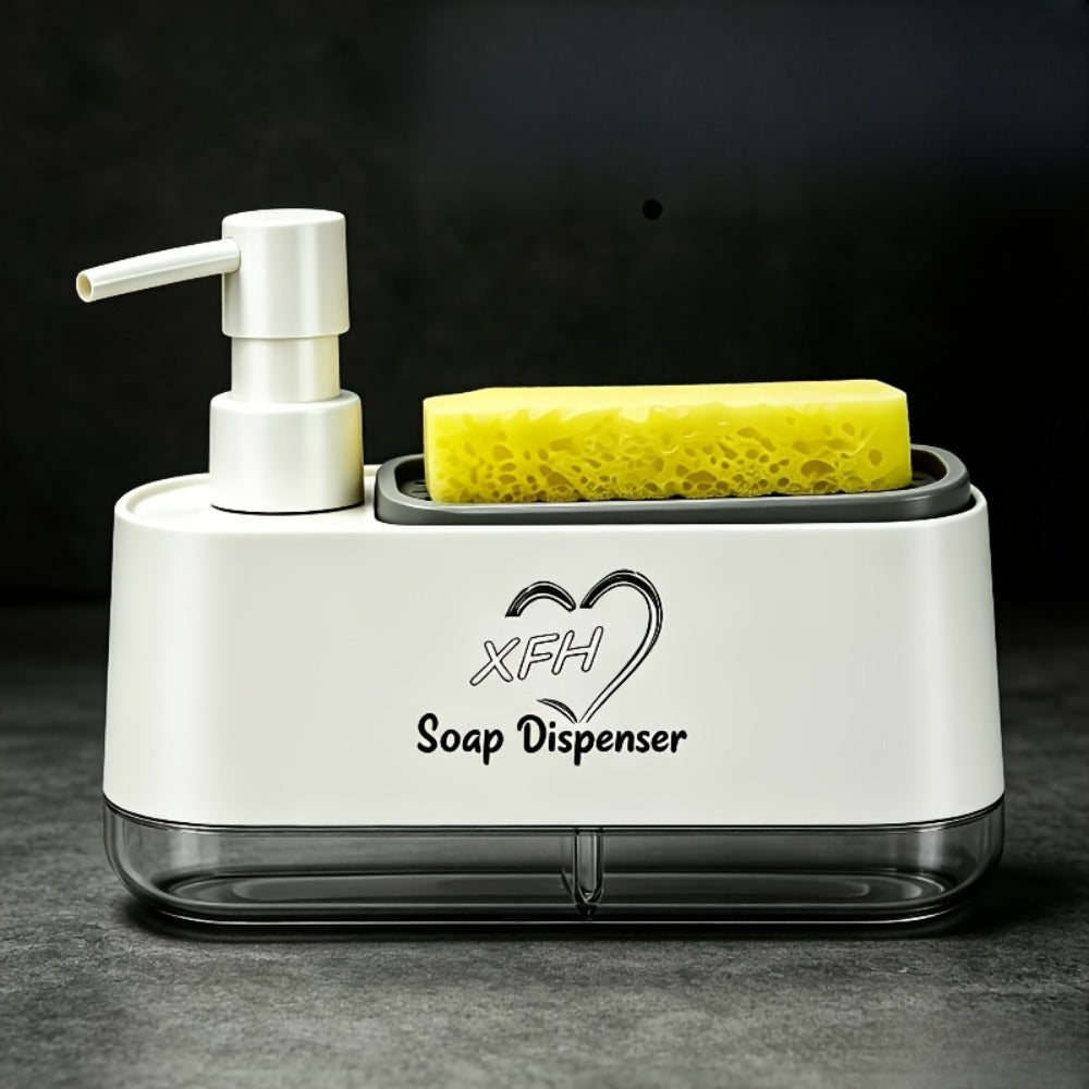 Soap Dispenser with Sponge Holder 2-in-1 - Countertop Dish Soap Pump Dispenser and Sponge Caddy for Kitchen Sink, Multi-Functional Detergent Dispenser with Built-In Sponge Holder, Available in White and Black Upgraded Version