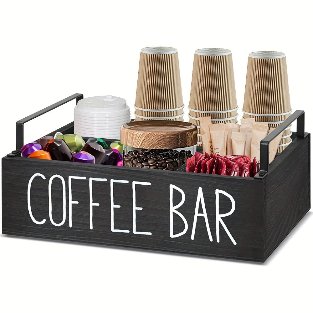 Coffee Bar Organizer Wooden Farmhouse Style - Rustic COFFEE BAR Sign Storage Tray for Pods Sugar Creamer Accessories, Waterproof Rectangular Countertop Organizer for Kitchen Coffee Station Decor