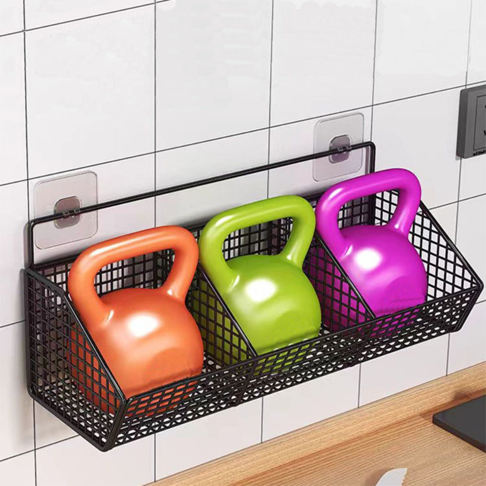 Wall Mounted Kitchen Storage Basket ¨C Metal Wire Rack Organizer, 2 or 3 Grid Tier, Space Saving Vertical Pantry Shelf for Spices, Snacks & Beverages, Home Kitchen & Retail Store Display
