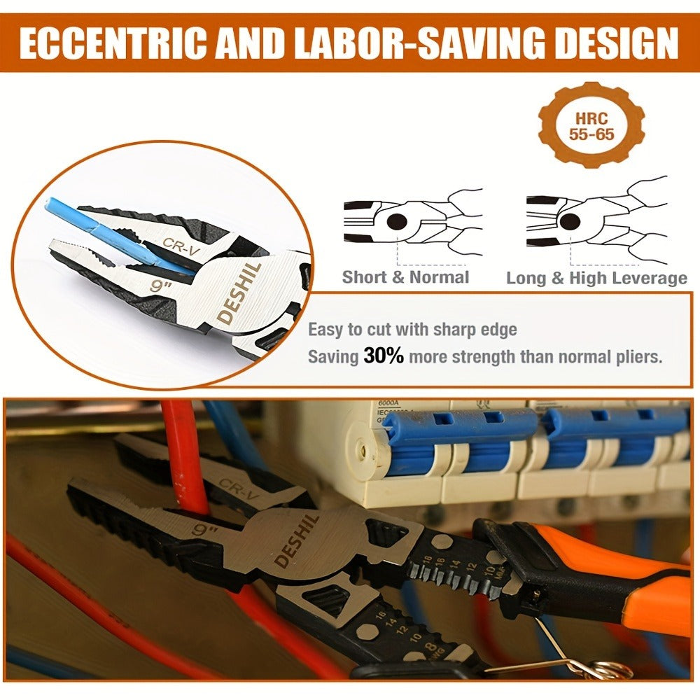 Pliers Set 9-in-1 Multi-Function Industrial Grade, 8.5¡± Lineman Pliers, 8.5¡± Long Nose Pliers, 8¡± Diagonal Side Cutters, CRV Steel TPR Handle Wire Stripper Crimper Cutter for Electrical & Auto Repair