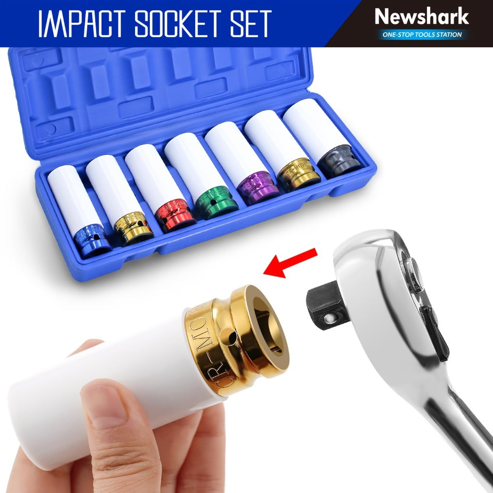 Lug Nut Socket Set 7-Piece 1/2¡± Drive ¨C Metric 17/19/21/22/23/24/27mm Thin Wall Impact Wheel Sockets with White Protective Covers for Car, Truck & SUV Tire Changes
