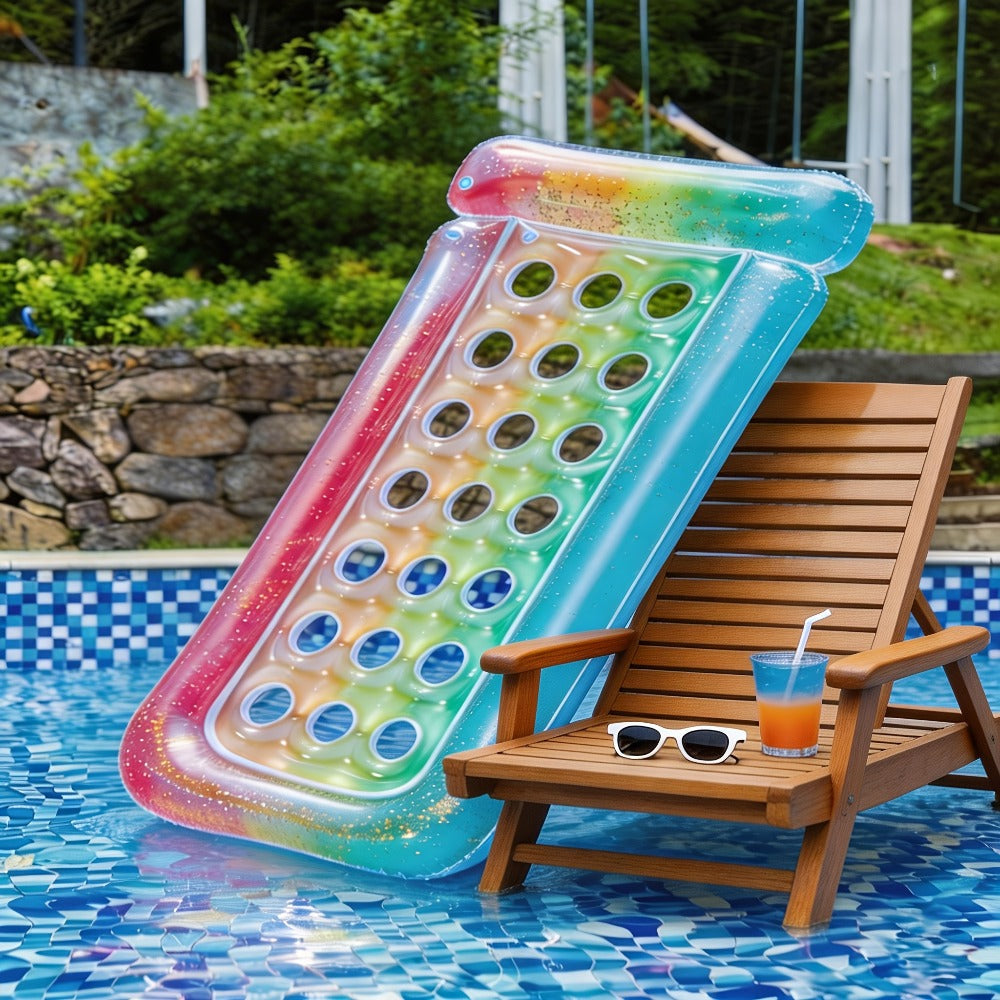 Inflatable Pool Float Sequin Gradient, Rectangular PVC Floating Bed with Ventilation Holes & Flash Gradient Colors, Buoyancy Water Lounge for Indoor Outdoor Pool Beach Lake