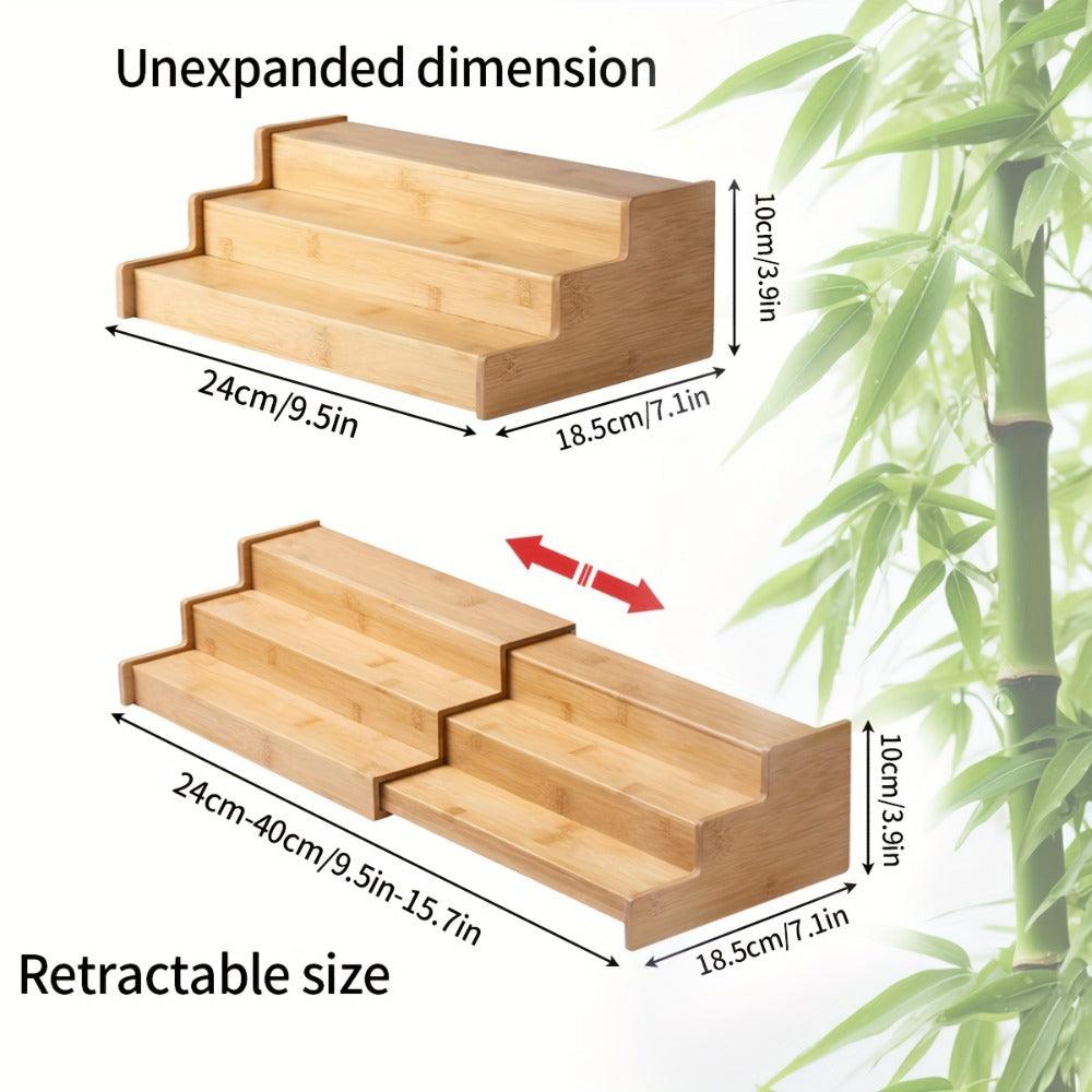 Bamboo Spice Rack Expandable 3-Tier Ladder Rack for Kitchen Cabinet Countertop Storage Organizer Pantry Shelf Display Stand for Spices Jars Bottles