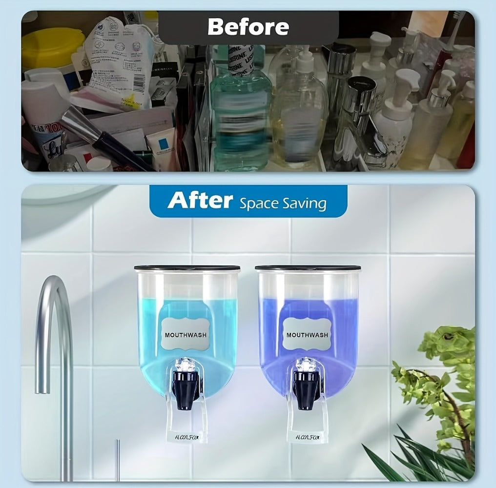 Mouthwash Dispenser Wall Mounted 2-Pack 21 oz Plastic Container - No Electricity Required, Space Saving Bathroom Organizer for Countertop Storage, Durable Refillable Liquid Soap & Rinse Dispenser