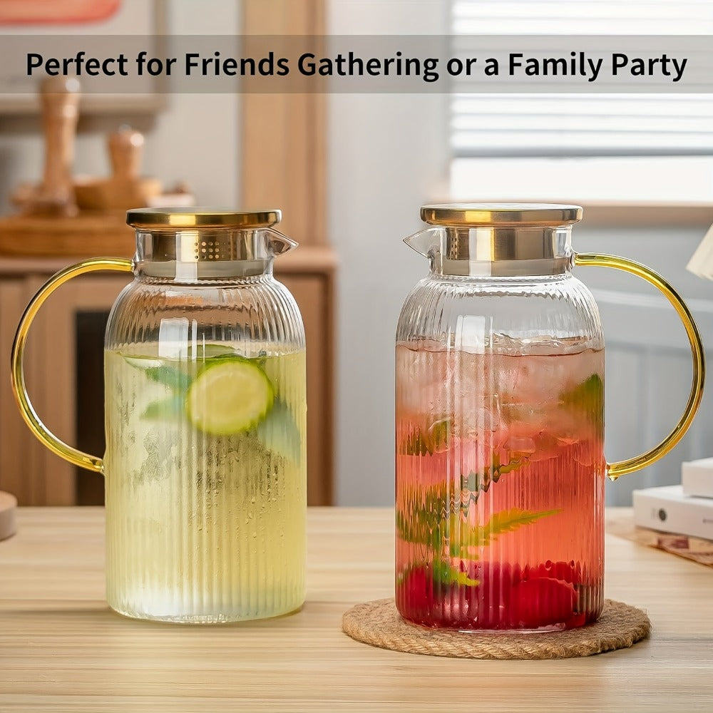 Glass Pitcher with Stainless Steel Lid 68oz 2 Liter Borosilicate Water Pitcher Carafe for Cold Brew, Lemonade, Iced Tea & Milk ¨C Heat Resistant, 2 or 4 Pack