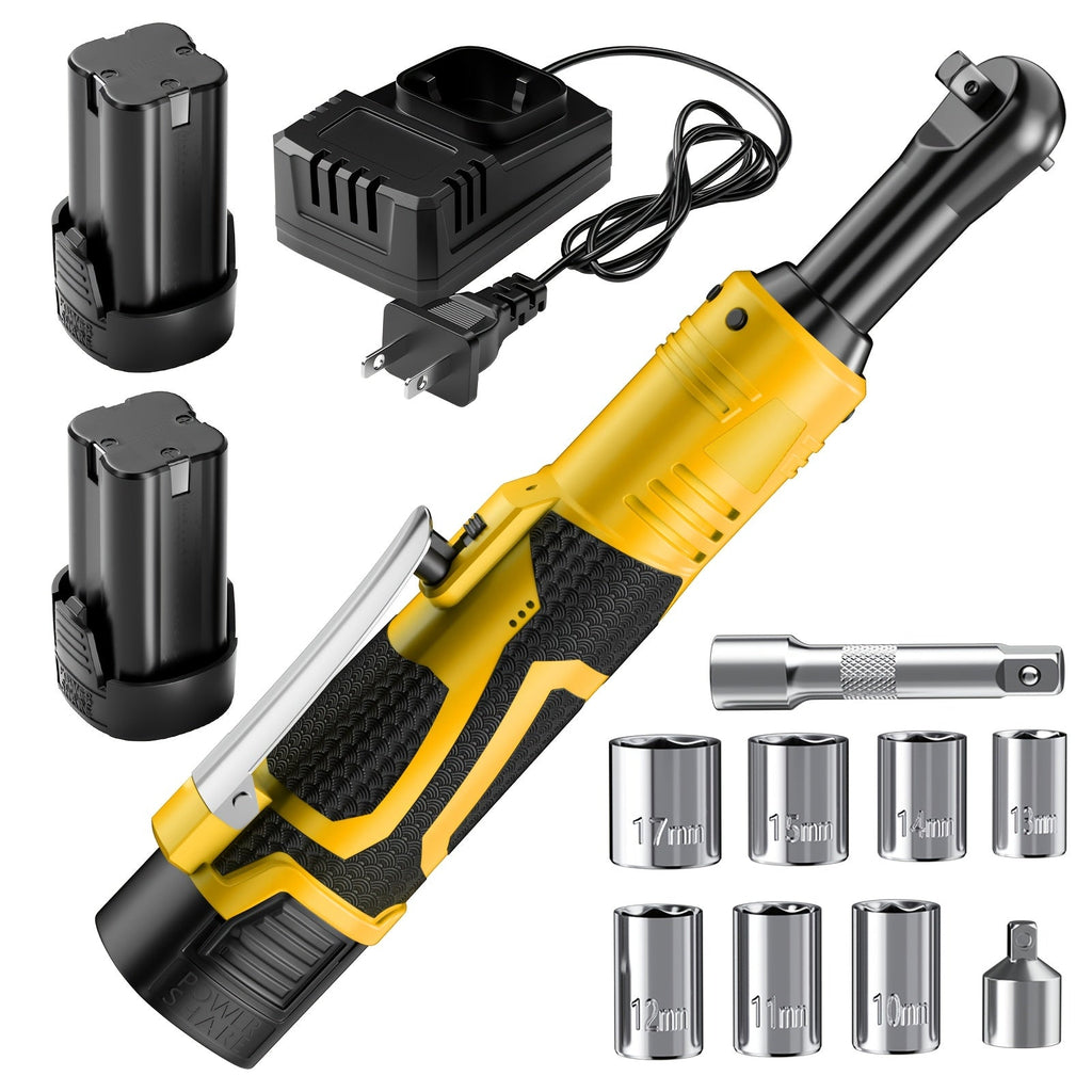 Cordless Electric Ratchet Wrench Set 3/8 inch Variable Speed Trigger Ergonomic Grip 9 Sockets Lithium-Ion Battery Powered for Car Repair Automotive Maintenance Home DIY Yellow 1 or 2 Battery Pack