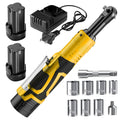 Cordless Electric Ratchet Wrench Set 3/8 inch Variable Speed Trigger Ergonomic Grip 9 Sockets Lithium-Ion Battery Powered for Car Repair Automotive Maintenance Home DIY Yellow 1 or 2 Battery Pack