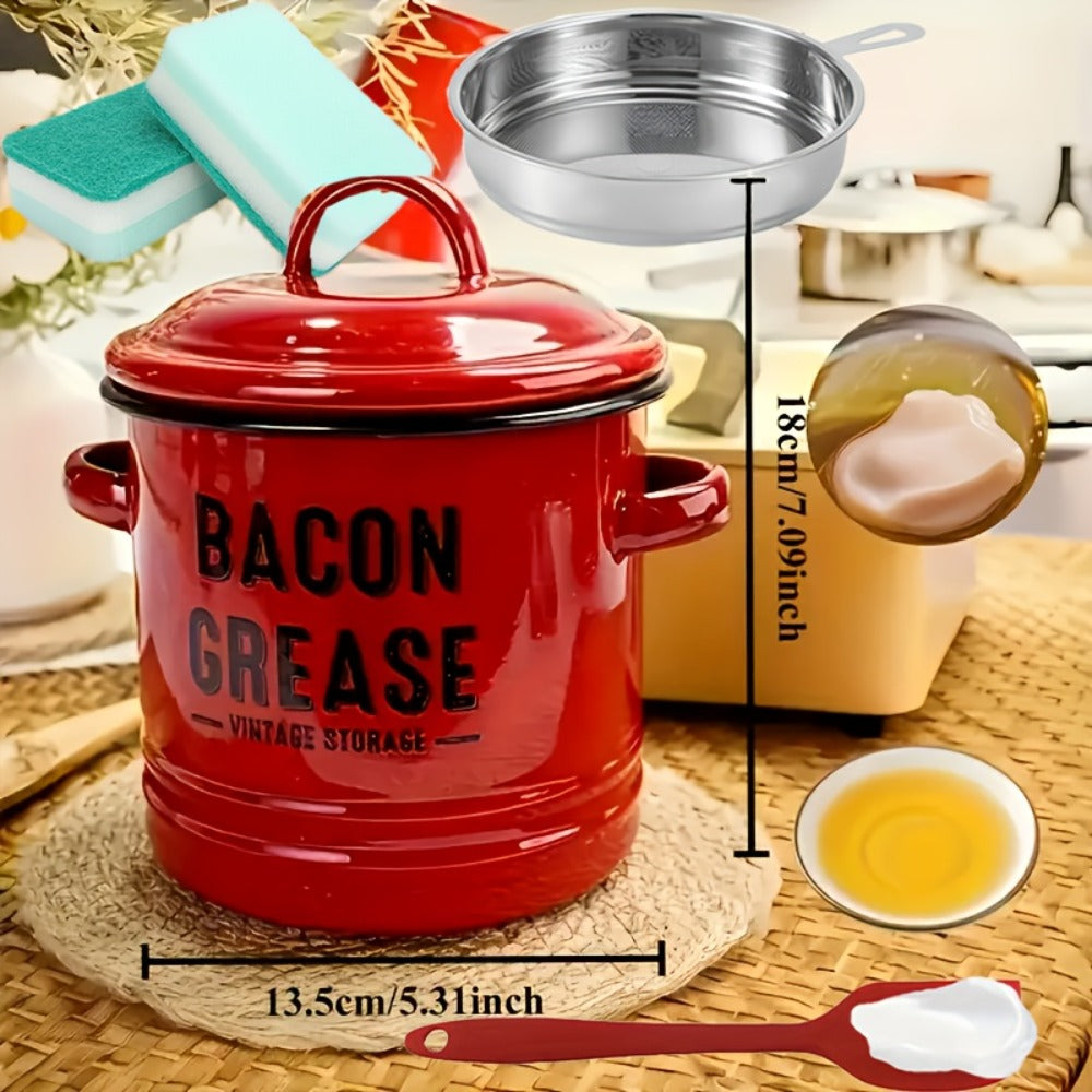 Bacon Grease Container with Lid, Large Capacity Grease Storage Can with Heat-Resistant Filter, Silicone Spatula & Cleaning Sponge Set, Flip-Top Oil Holder for Kitchen Household Use