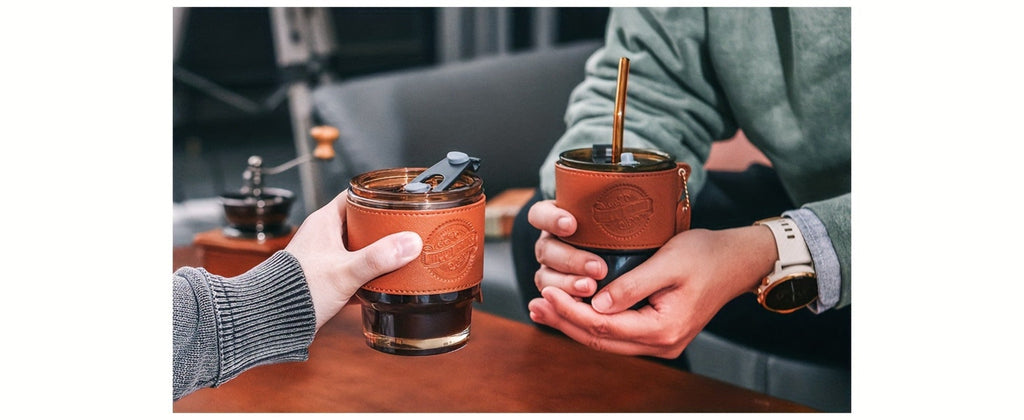 Glass Coffee Cup with Straw 14 Oz ¨C BPA-Free Glass Travel Mug & Water Bottle for Men & Women ¨C Tumbler for Coffee, Juice & Office Use ¨C Easy to Clean ¨C Brown & Dark Green