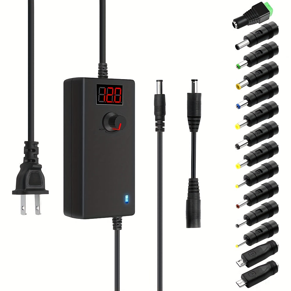 Adjustable AC DC Power Adapter 24W 3-12V 2A Universal Power Supply 100-240V with LED Voltage Display 14 Tips Polarity Converter for Small Home Electronics