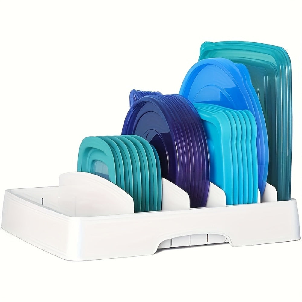 Adjustable Kitchen Storage Rack with 5 Baffles ¨C Cutting Board, Pot Lid & Tableware Organizer, Food Container Cover Holder