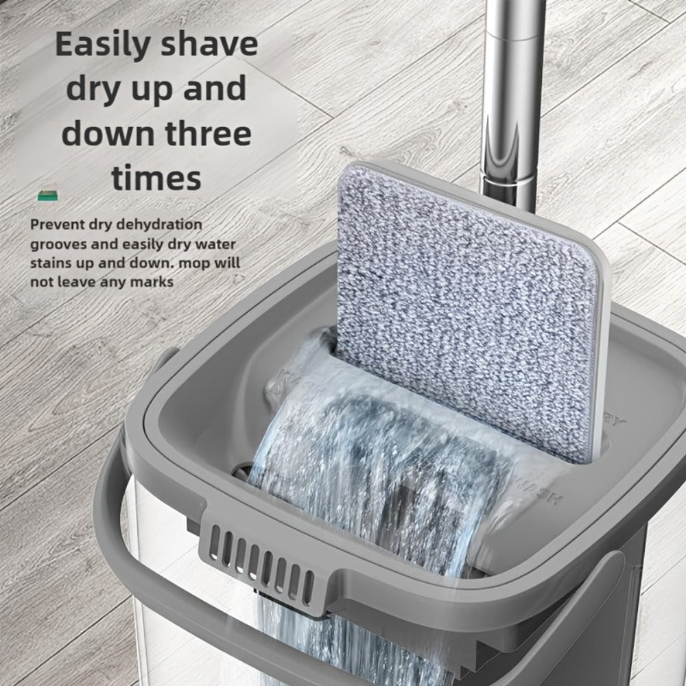 Flat Mop with Bucket Set, Hands-Free Wringing Floor Mop, 6 Replacement Microfiber Cloths, Wet & Dry Dual-Use, Durable Plastic Frame, for Hardwood Tile Laminate Bedroom Kitchen Living Room Bathroom