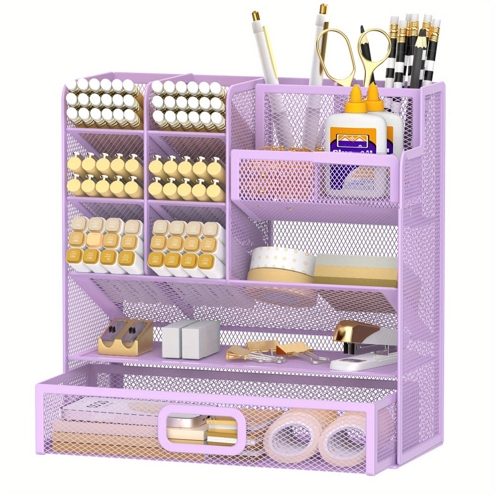 Mesh Desk Organizer with Drawer ¨C Multifunctional Desktop Pen Holder & Office Supply Organizer for Home Office, School & Art Studio ¨C Pencil Cup Caddy with Storage Compartments, Multiple Colors Available