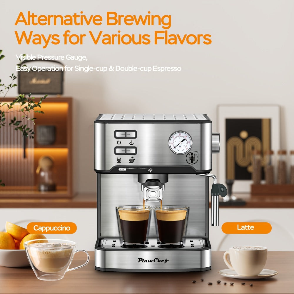 20 Bar Espresso Machine 950W ¨C Stainless Steel Espresso & Cappuccino Latte Maker with Steam Wand Milk Frother, 49.03oz Water Tank, ESE Pod Filter, Home Barista Coffee Machine ¨C Black, Pressure Gauge