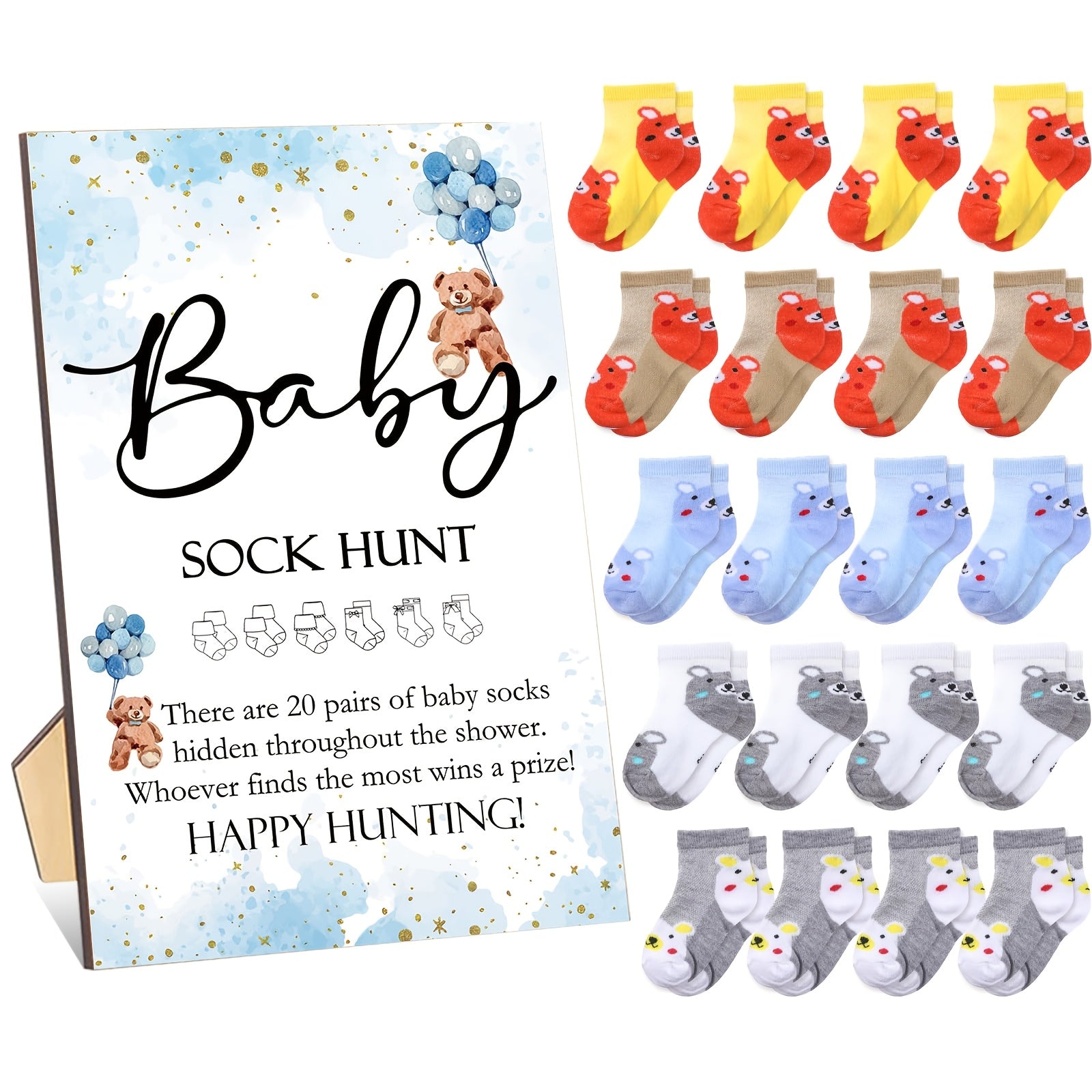 Baby Shower Sock Hunt Game Set 20 Pairs Cotton Socks with Wooden Table Sign Gender Reveal Party Favor