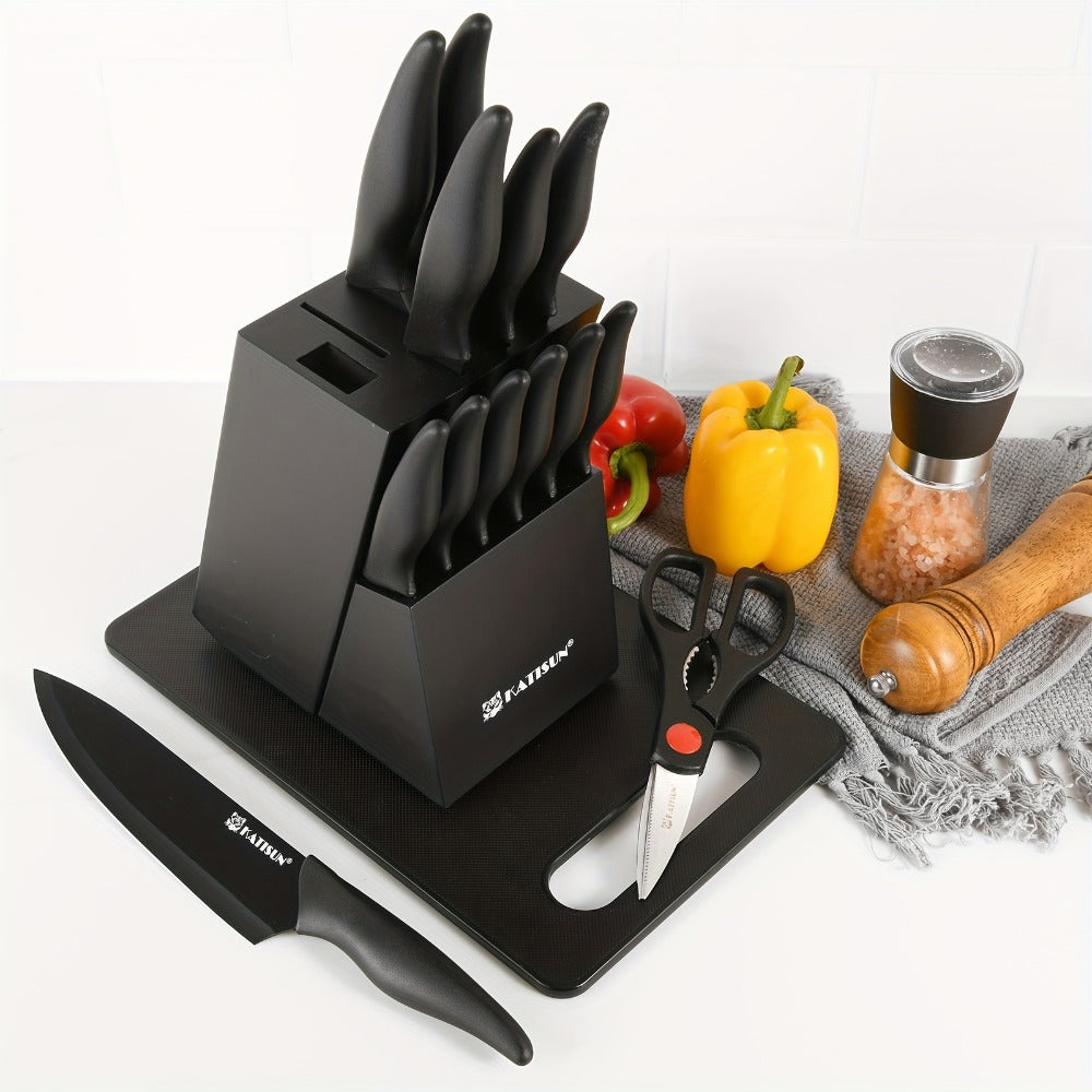 Kitchen Knife Set 15 Piece Professional Chef Knife Set with Wooden Block Non-Slip ABS Handle Cutting Board Kitchen Shears Black Coded Knives for Home Restaurant