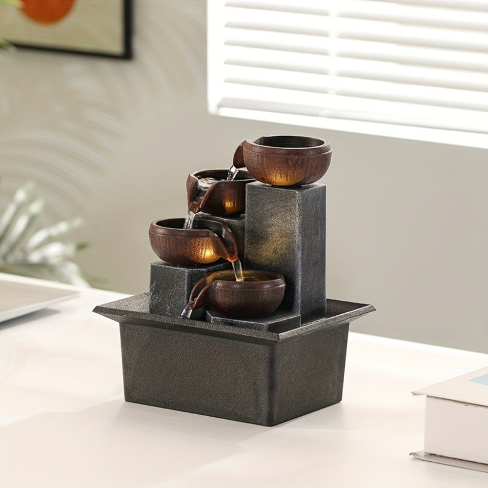 Desktop Water Fountain with LED Lights USB Powered Indoor Tabletop Waterfall Fountain for Home Office Desk Decor Relaxing Zen Decoration with Adjustable Pump Architecture Theme