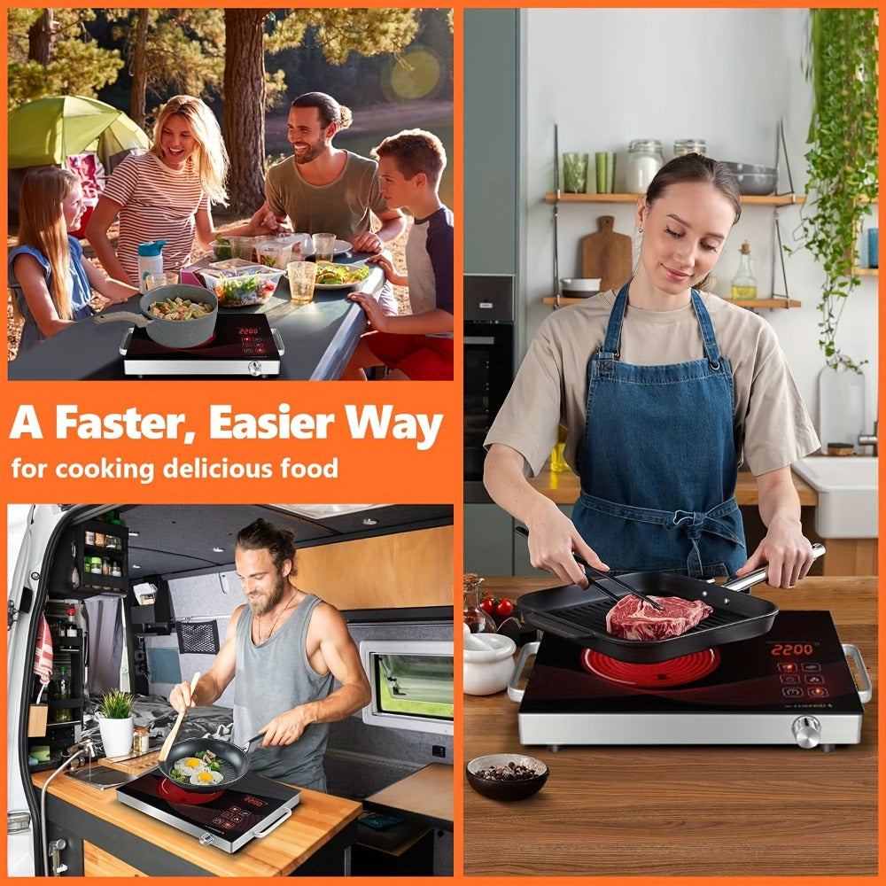Portable Electric Induction Cooktop 2200W Ceramic Infrared Hot Plate with Adjustable Temperature & Dual Touch Rotation Control ¨C Single Burner Electric Stove for Home Dorm Cooking