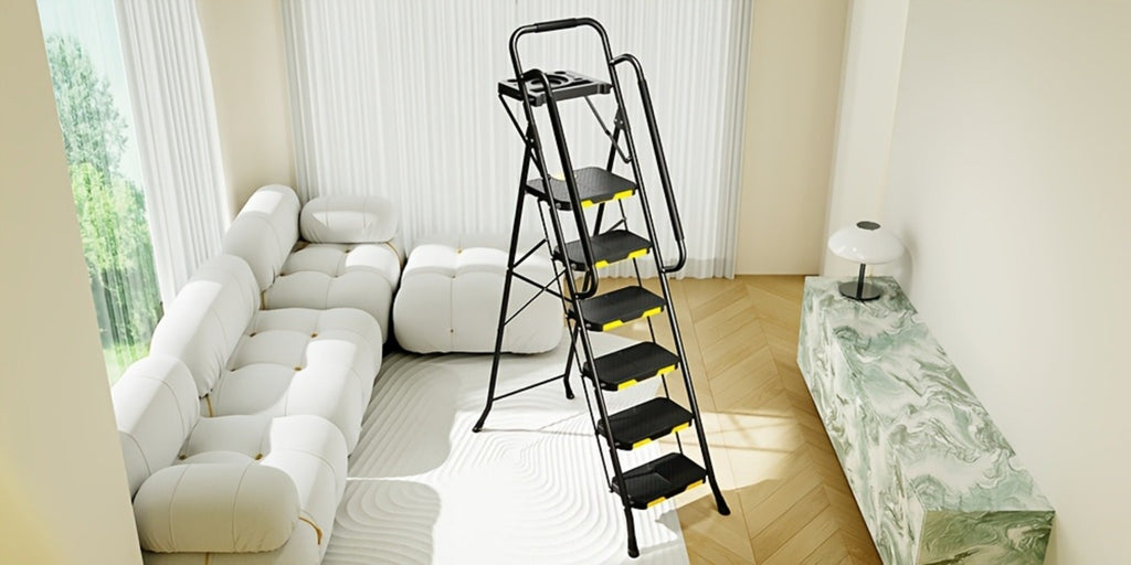 6 Step Ladder with Handrails & Tool Platform 800 LBS ¨C Folding Step Stool Wide Pedal Steel Safety Ladder for Adults, Painting, Home, Garage & Outdoor Use ¨C Auto Safety Lock, Compact Storage
