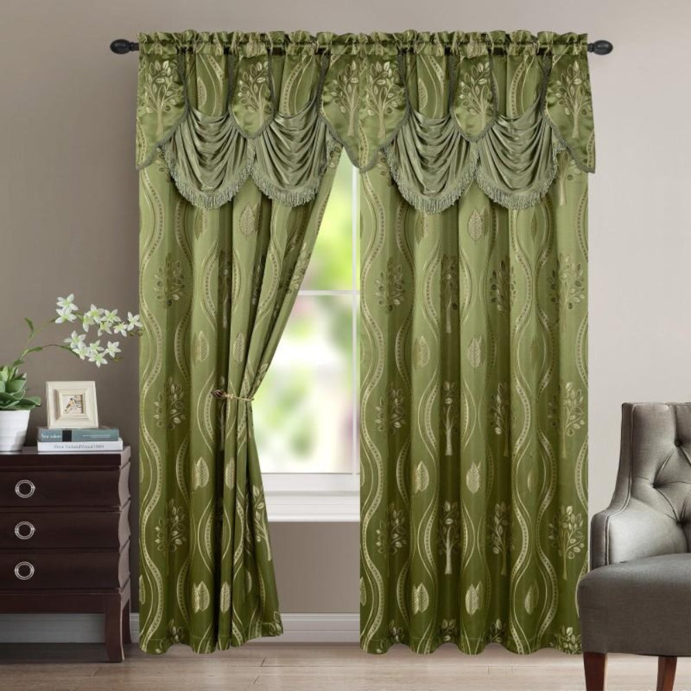 Blackout Curtains 2 Panels 54x84 Inch | Jacquard Room Darkening Rod Pocket Curtain Set with Attached Waterfall Valance | Machine Washable Window Drapes for Living Room Bedroom Home Office Study
