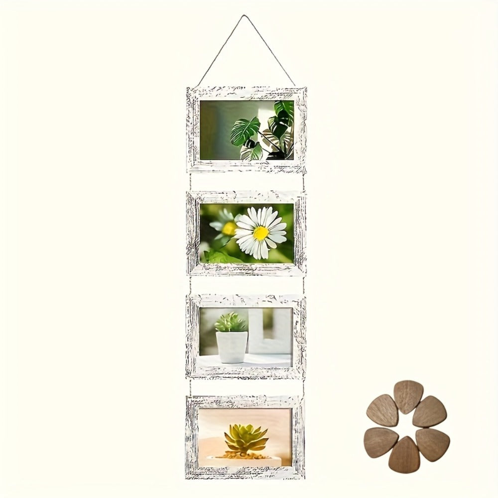 Picture Frame Set 4pcs Wooden Glass 4x6 with Flip-Top Display ¨C Collage Photo Frames for Wall & Desktop, Interchangeable Mat, Home Decor Room Aesthetic ¨C Wedding, Housewarming & Holiday Gift (White/Brown)