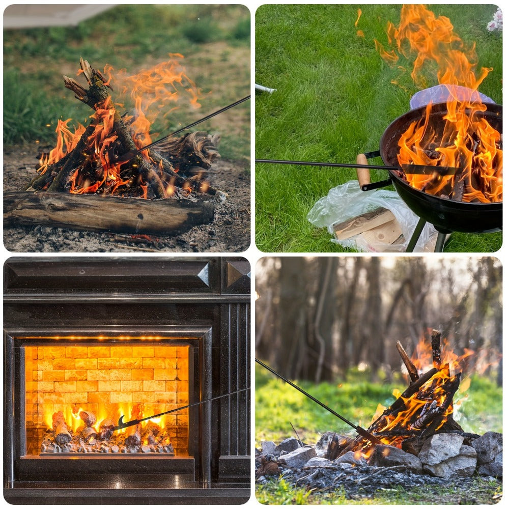 Fire Pit Poker 32 Inch, Heavy Duty Wrought Iron Fire Poker Stick with Wooden Handle and Barb Hook, Collapsible Campfire Poker for Fireplace, Bonfire, Camping, Outdoor and Indoor Fire Pit Tools
