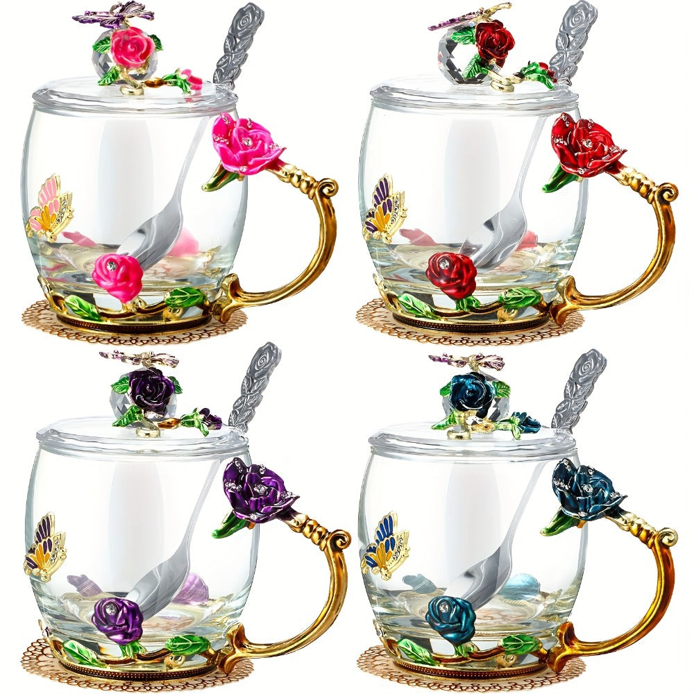 Flower Glass Tea Cups with Lids and Spoon Set of 4 ¨C Butterfly Floral Vintage Clear Glass Mugs 11oz, Fancy Teacup Gift Set for Women Mom Wife Girlfriend, Pink Purple Blue Red