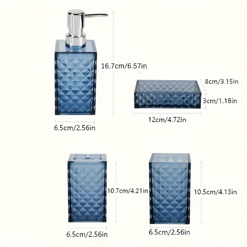 Bathroom Accessories Set 4-Piece Diamond Grid Plastic Organizer Soap Dispenser Toothbrush Holder Grey Blue Green